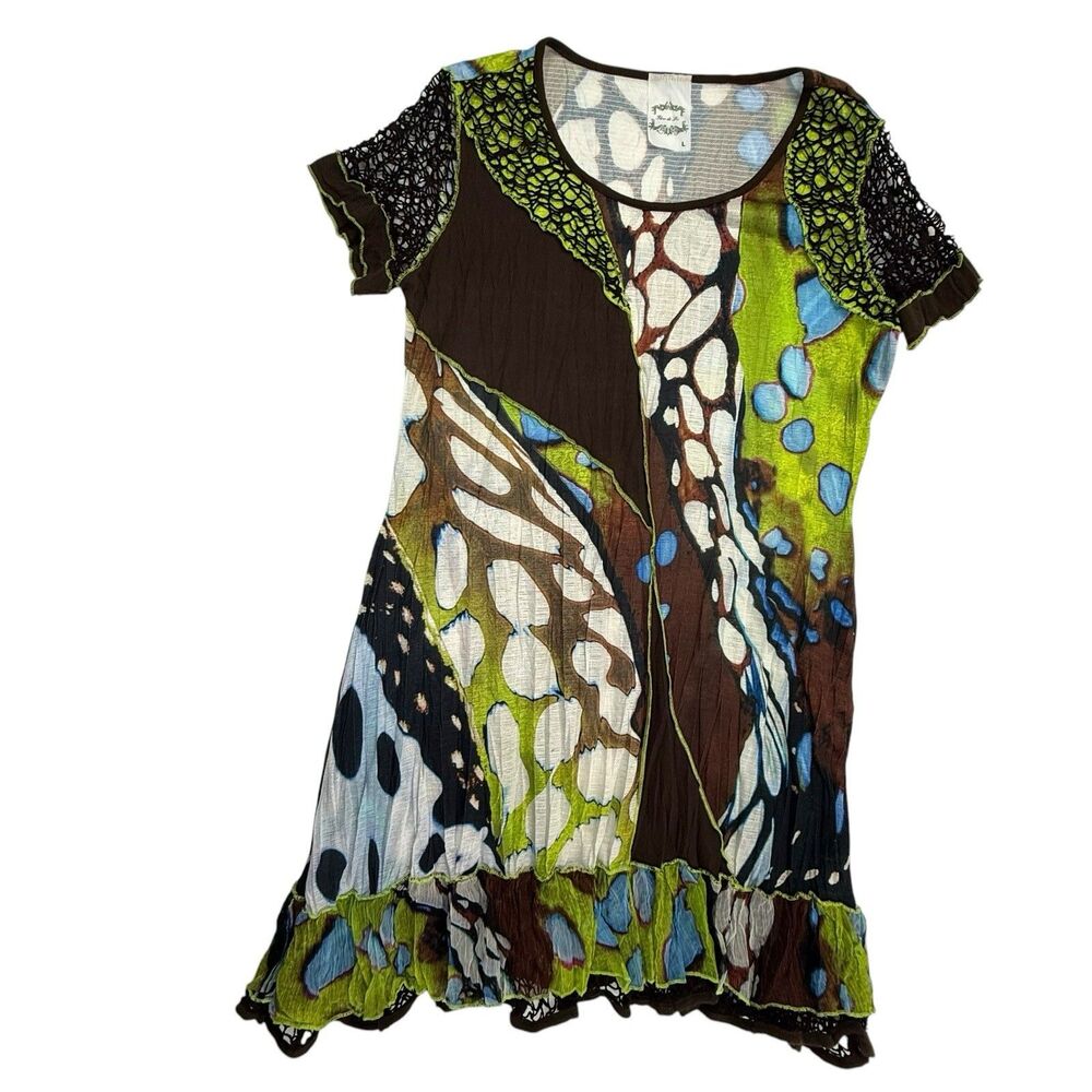 Fleur de Lis Tie Dye Overlay Shift Dress Large Art to Wear Ruffle Mesh Retro